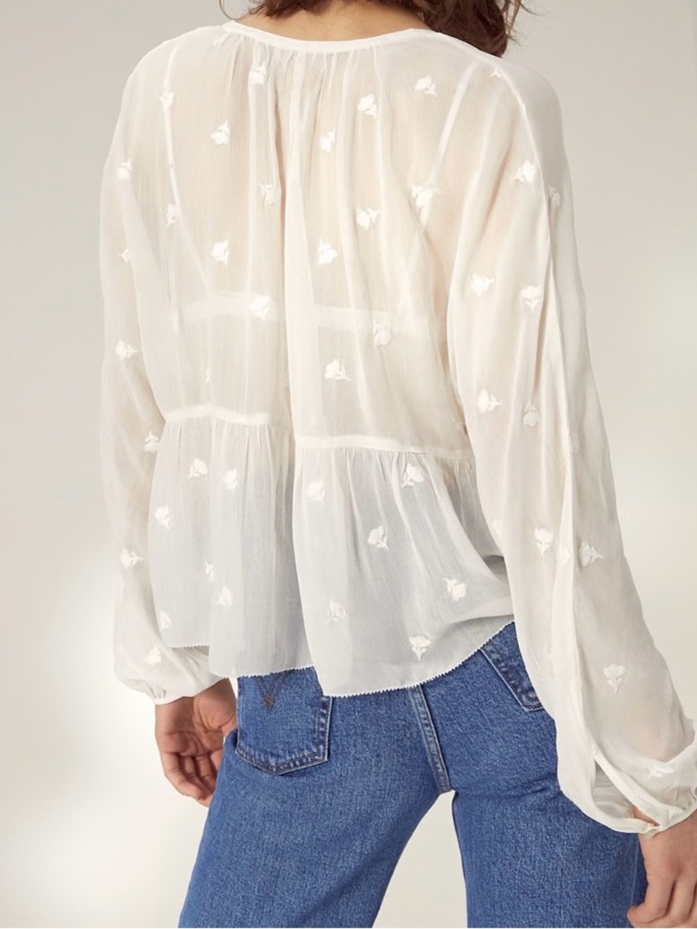 Aritzia Wilfred Embroidered Peplum Blouse Pink Floral Babydoll Size Large - Picture 3 of 13
